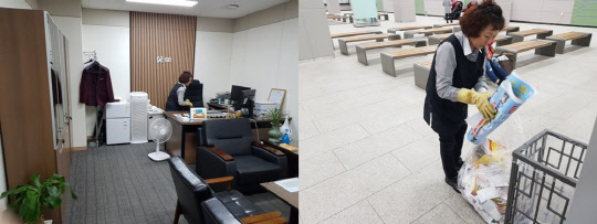강필순씨가 동탄역사 내 승무원 숙직 공간(왼쪽)과 역사 내 쓰레기 통을 청소하고 있다.